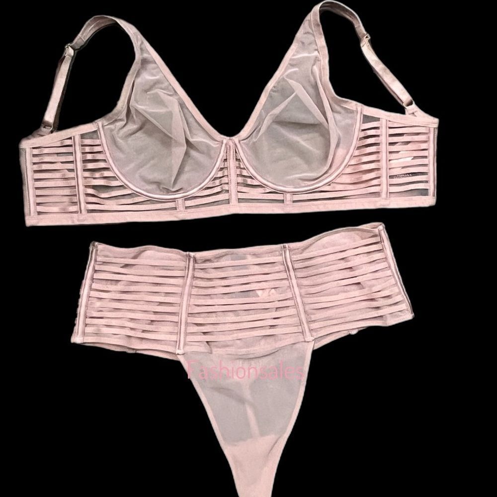 Victoria’s Secret Set Sexy Sheer Mesh Unlined Plunge bra & High Waist Thong pink